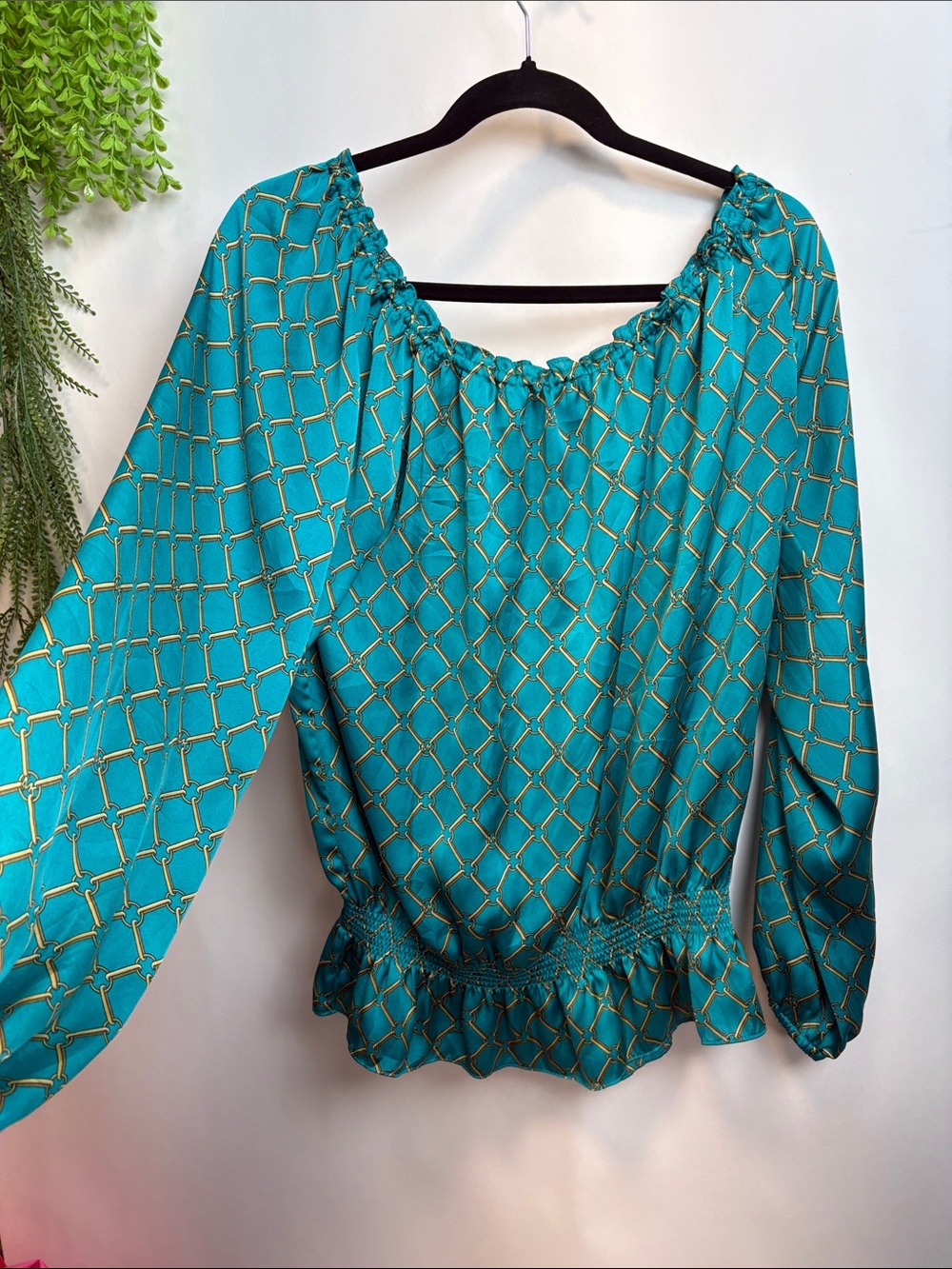 MICHAEL Michael Kors Teal Gold Chain-Print Peplum Blouse